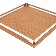 Tan 37 × 37 cm tray, warm orange-brown leather weave framed by polished steel rails