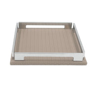 Mink 25 × 25 cm tray face on, muted grey-brown leather beneath the cut-out steel handle