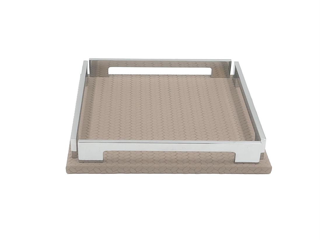 Mink 25 × 25 cm tray face on, muted grey-brown leather beneath the cut-out steel handle
