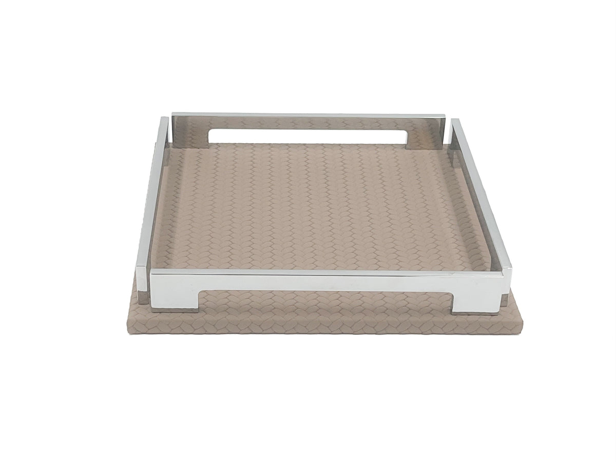Mink 25 × 25 cm tray face on, muted grey-brown leather beneath the cut-out steel handle
