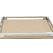 Beige 30 cm tray face on, handle slot cut through the far steel rail above the leather weave