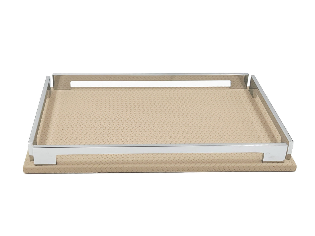 Beige 30 cm tray face on, handle slot cut through the far steel rail above the leather weave