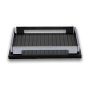 Black 25 × 19 cm leather and steel tray seen whole, both cut-out handles and four polished corner brackets clear of the woven-embossed floor