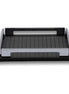 Black 25 × 19 cm leather and steel tray seen whole, both cut-out handles and four polished corner brackets clear of the woven-embossed floor