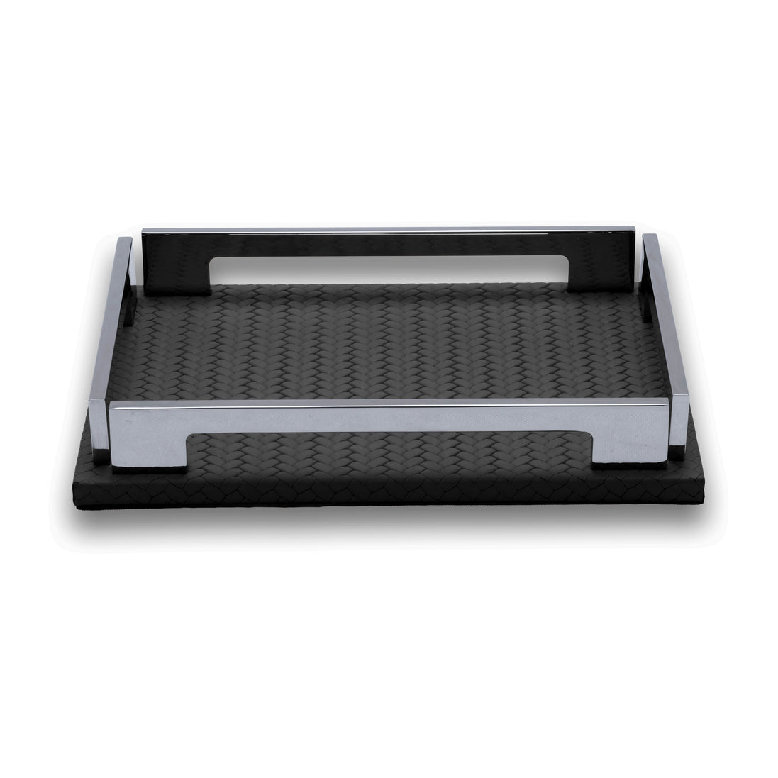 Black 25 × 19 cm leather and steel tray seen whole, both cut-out handles and four polished corner brackets clear of the woven-embossed floor