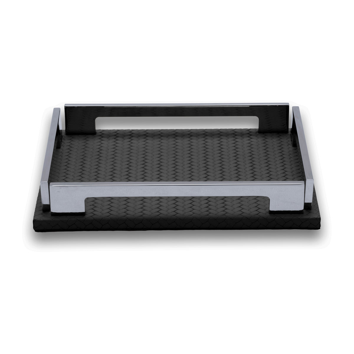 Black 25 × 19 cm leather and steel tray seen whole, both cut-out handles and four polished corner brackets clear of the woven-embossed floor