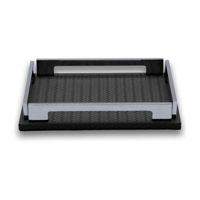 Black 25 × 19 cm leather and steel tray seen whole, both cut-out handles and four polished corner brackets clear of the woven-embossed floor