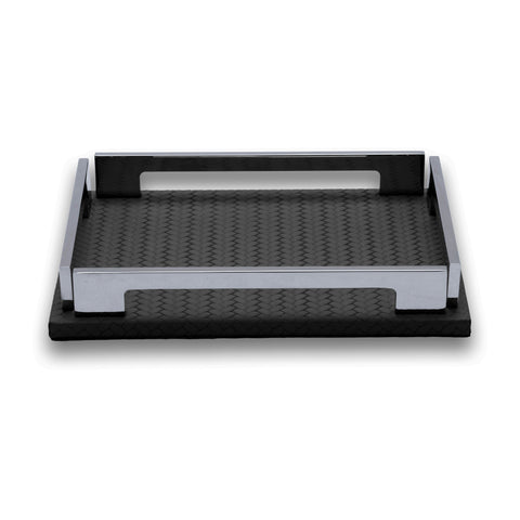 Black 25 × 19 cm leather and steel tray seen whole, both cut-out handles and four polished corner brackets clear of the woven-embossed floor