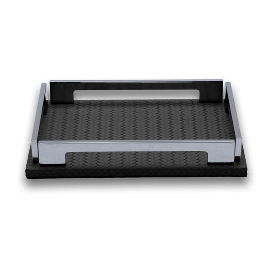 Black 25 × 19 cm leather and steel tray seen whole, both cut-out handles and four polished corner brackets clear of the woven-embossed floor