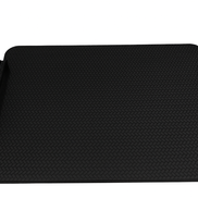 Black 48 × 36 cm tray square to the camera, matte woven-embossed leather between two black steel handles