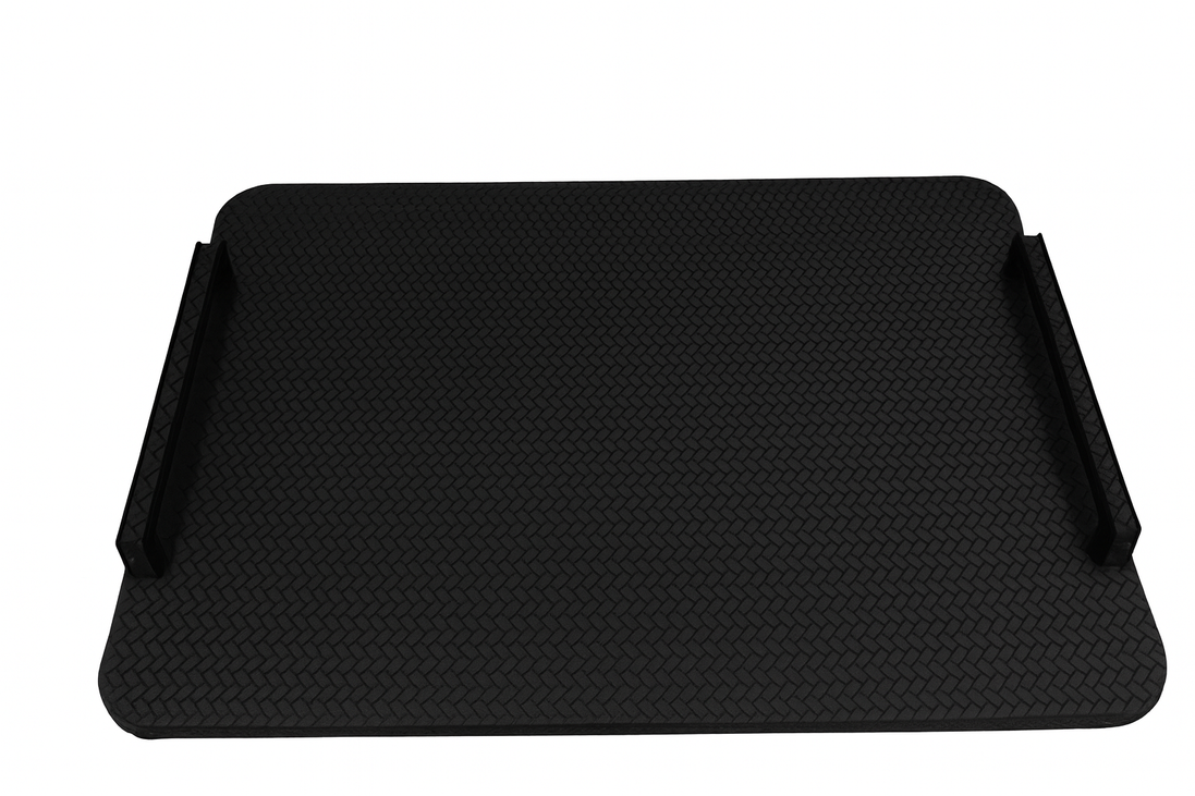 Black 48 × 36 cm tray square to the camera, matte woven-embossed leather between two black steel handles