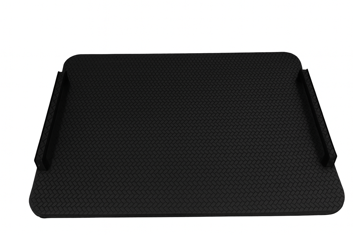 Black 48 × 36 cm tray square to the camera, matte woven-embossed leather between two black steel handles