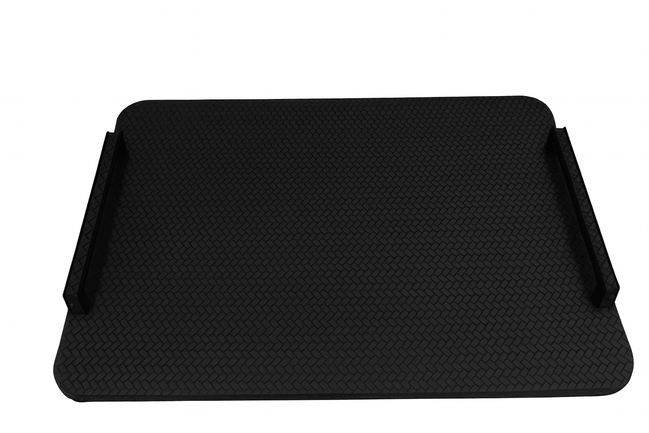 Black 48 × 36 cm tray square to the camera, matte woven-embossed leather between two black steel handles
