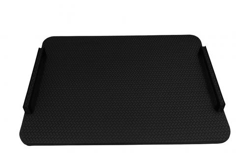Black 48 × 36 cm tray square to the camera, matte woven-embossed leather between two black steel handles