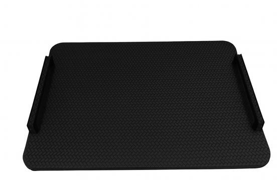 Black 48 × 36 cm tray square to the camera, matte woven-embossed leather between two black steel handles