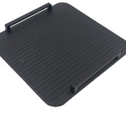 Black 42 × 30 cm leather board seen from above, matt black steel bar handles at both ends