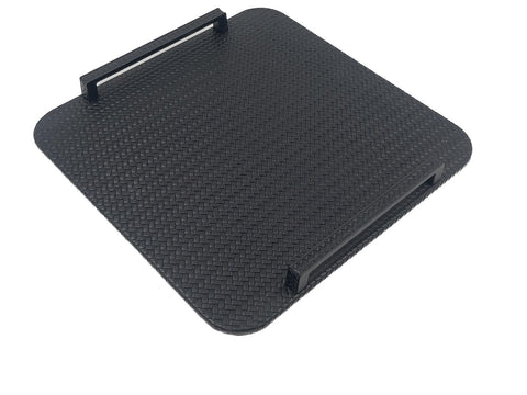Black 42 × 30 cm leather board seen from above, matt black steel bar handles at both ends