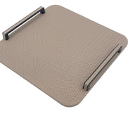 Pale grey-brown board at the same angle, the panel only 1 cm thick under its woven emboss
