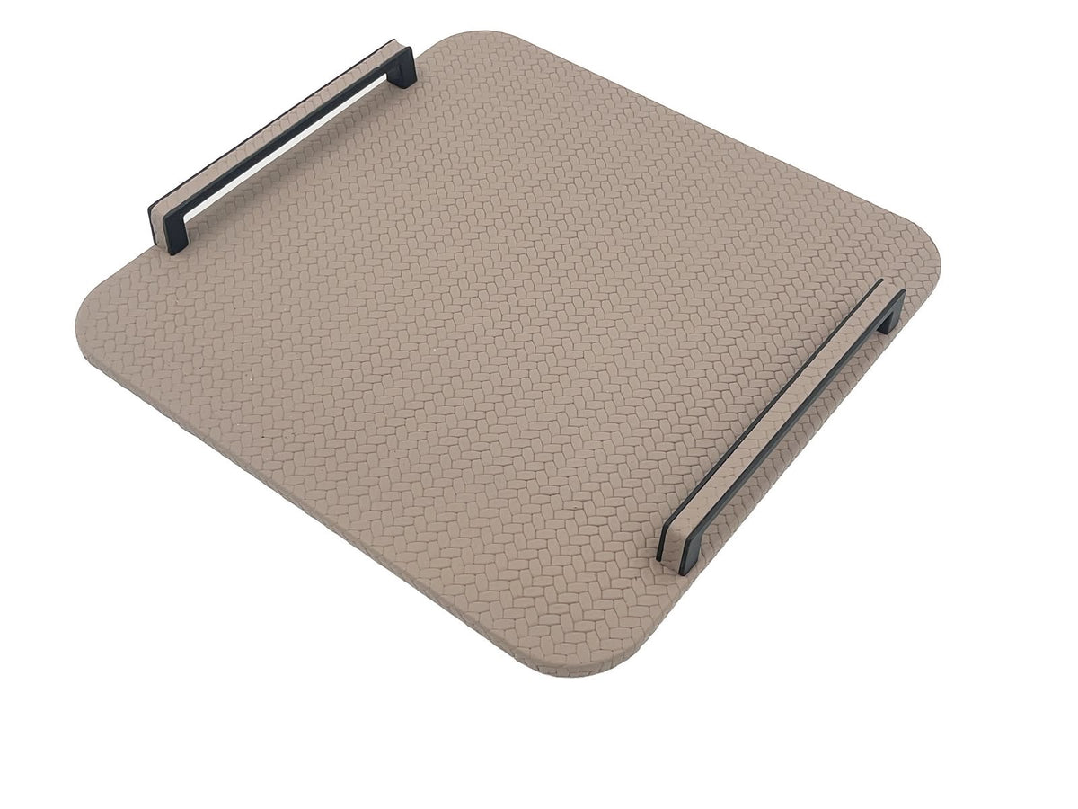 Pale grey-brown board at the same angle, the panel only 1 cm thick under its woven emboss