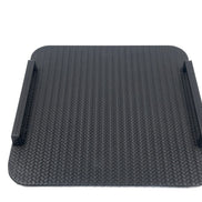 The whole 42 x 30 cm tray from the front, its rails carried on short leather-wrapped posts at each end of a 1 cm panel