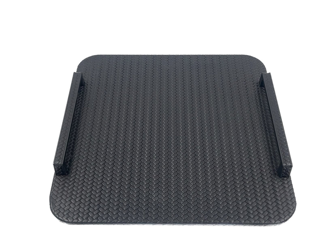 The whole 42 x 30 cm tray from the front, its rails carried on short leather-wrapped posts at each end of a 1 cm panel