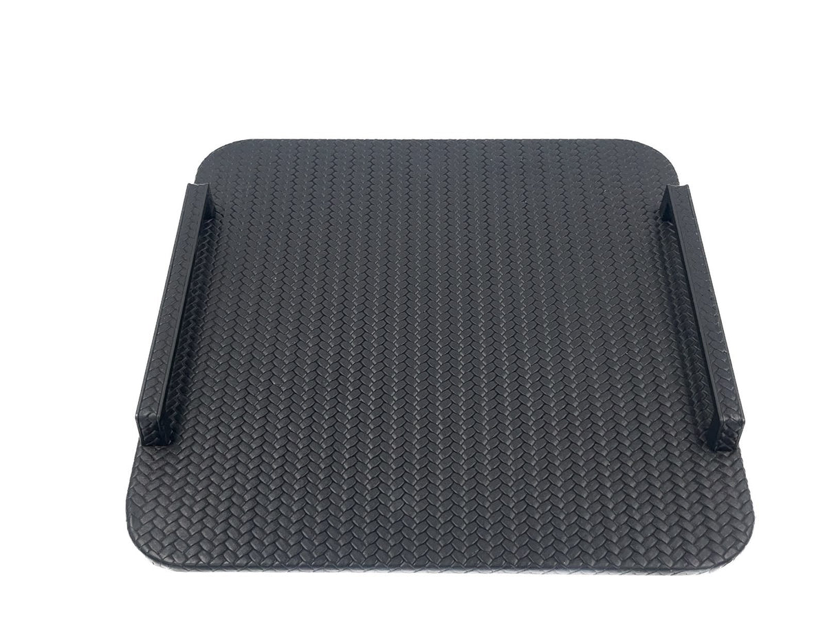 The whole 42 x 30 cm tray from the front, its rails carried on short leather-wrapped posts at each end of a 1 cm panel