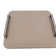 The 42 x 30 cm tray seen level, both rails standing clear of a surface embossed in tight interlocking links