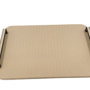 The 36.5 x 36.5 cm tray from above, its black metal rails raised on leather blocks at either edge of a panel only 1 cm thick
