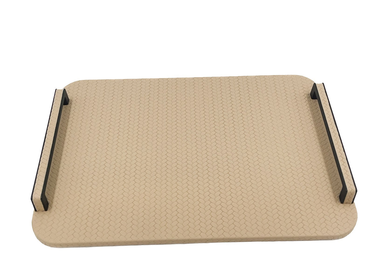 The 36.5 x 36.5 cm tray from above, its black metal rails raised on leather blocks at either edge of a panel only 1 cm thick