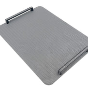 Grey 36.5 cm leather panel from above, matt black bar handles set at both ends
