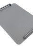 Grey 36.5 cm leather panel from above, matt black bar handles set at both ends
