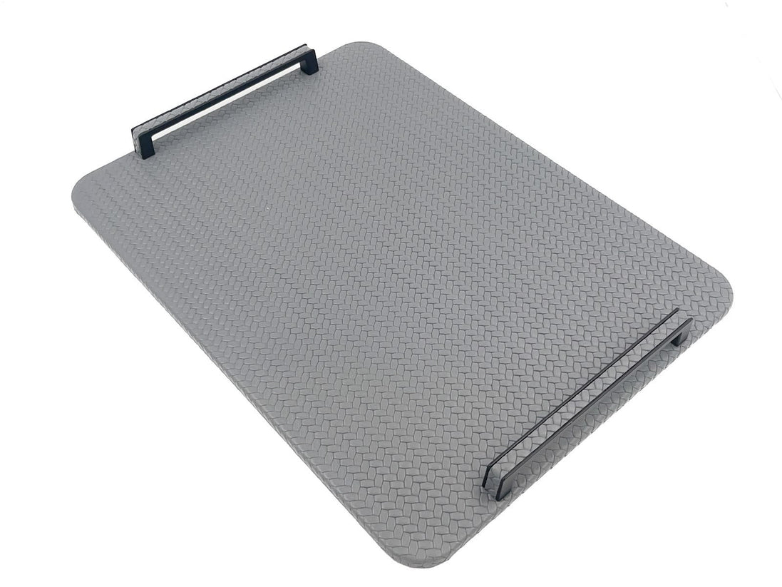 Grey 36.5 cm leather panel from above, matt black bar handles set at both ends