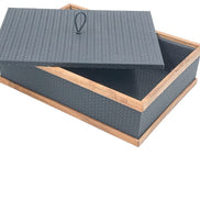 The lid lifted off and set askew on the 32 x 23 cm box, the walnut rail running level around a 7 cm leather-lined well