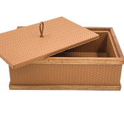 The 27 × 19 cm tan box with the lid lifted off and tipped across it, walnut frame and leather lining in view