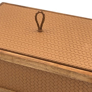 Tan leather lid on the 27 x 19 cm box, the plaited pull anchored through a washer in the basketweave panel