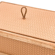 The same 27 x 19 cm box in a paler leather, the lid set flush inside its walnut rail with the mitred corner at right