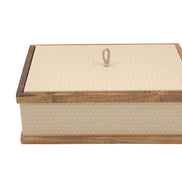 The rectangular 27 x 19 cm box shut, its scalloped leather panels set between walnut rails