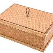 Salmon-tan woven leather box, walnut rails capping both lid and plinth around the 7 cm wall