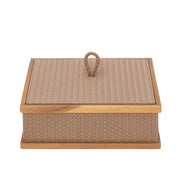 The 26 x 26 cm box from the front, a looped leather pull on the lid between walnut frames at top and base