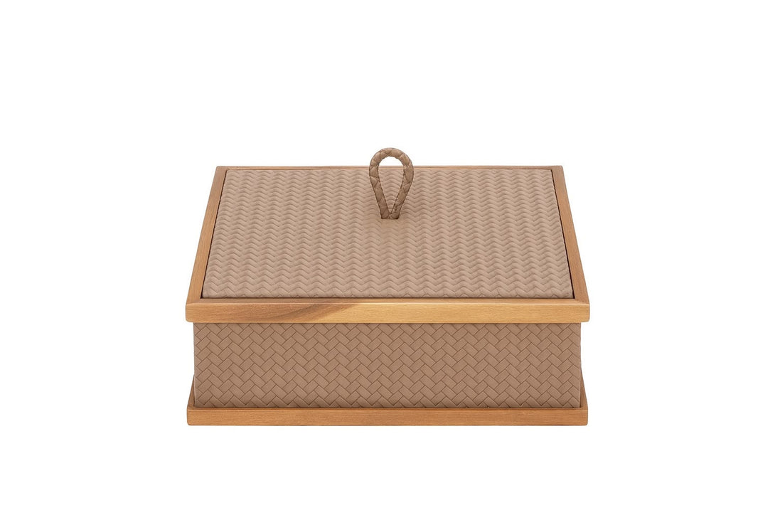 The 26 x 26 cm box from the front, a looped leather pull on the lid between walnut frames at top and base