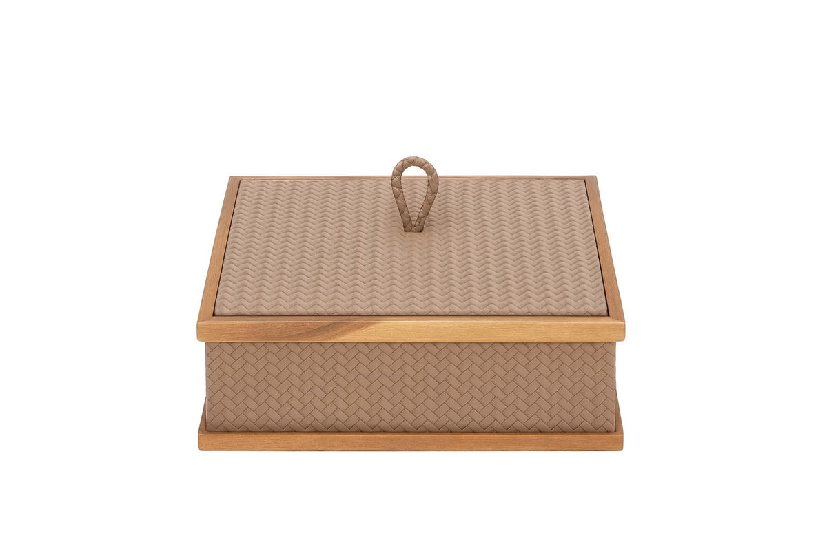 The 26 x 26 cm box from the front, a looped leather pull on the lid between walnut frames at top and base