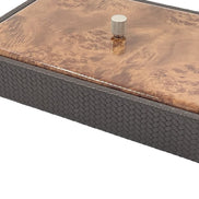 Grey woven leather box 34 × 25 cm, its burl-figured lacquered lid closed under a knurled metal knob