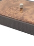 Grey woven leather box 34 × 25 cm, its burl-figured lacquered lid closed under a knurled metal knob