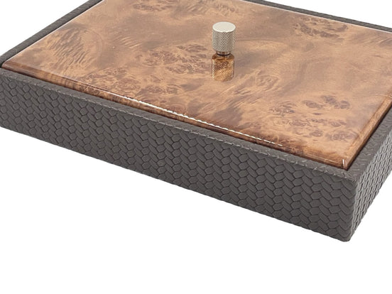 Grey woven leather box 34 × 25 cm, its burl-figured lacquered lid closed under a knurled metal knob