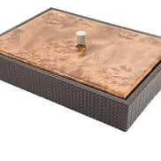 The 34 x 25 cm box from above, a figured wood lid resting proud of the scale-embossed leather sides with a knurled metal knob at centre