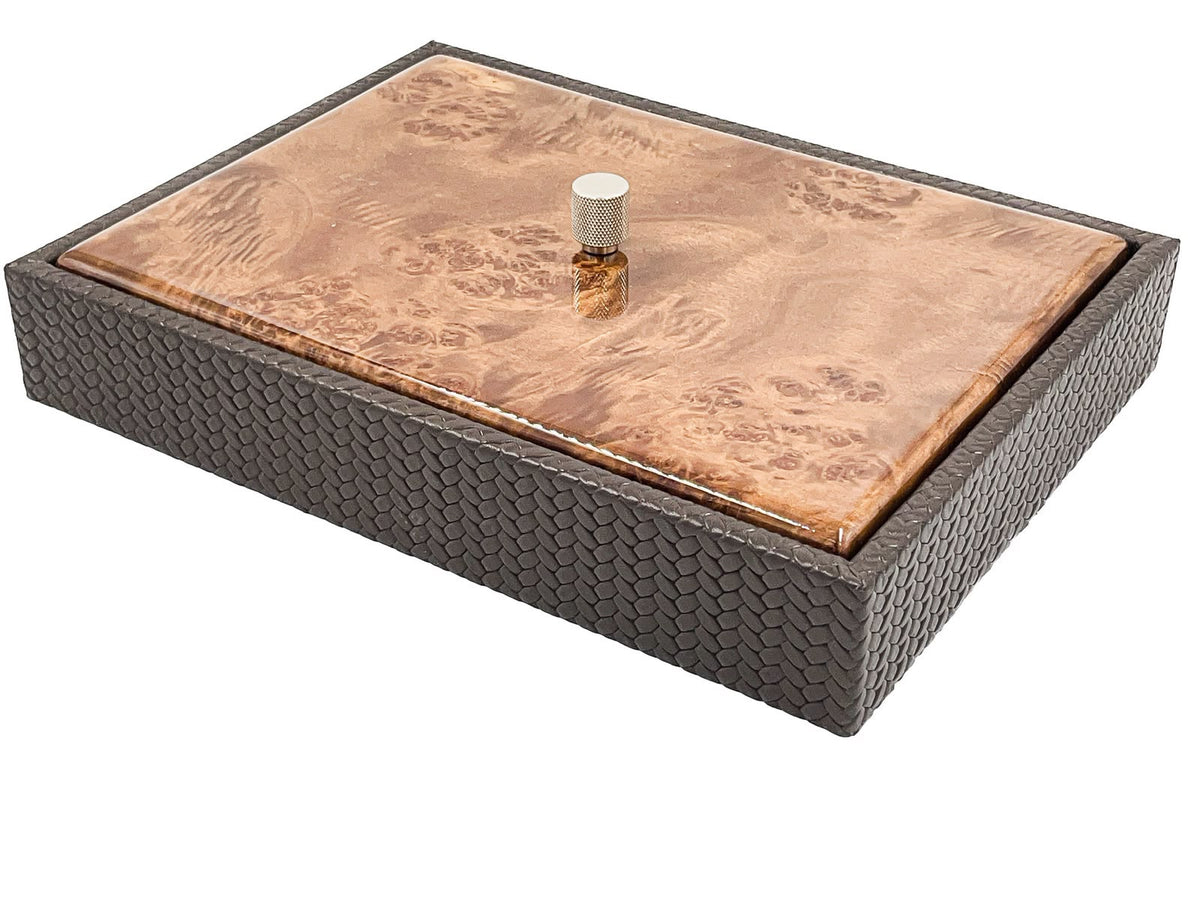 The 34 x 25 cm box from above, a figured wood lid resting proud of the scale-embossed leather sides with a knurled metal knob at centre