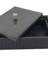 Black 27.5 × 20 cm box, the wood lid lifted clear at one corner over the woven leather interior