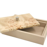 The lid slid clear of the 27.5 x 20 cm box, pale burl grain above an open leather-lined well