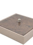 Pale greige 27 × 27 cm box shut, a dark burl-figured lid inside its woven leather rim