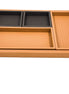 The four inner trays laid in the base, two black leather squares along the top edge and two tan rectangles below